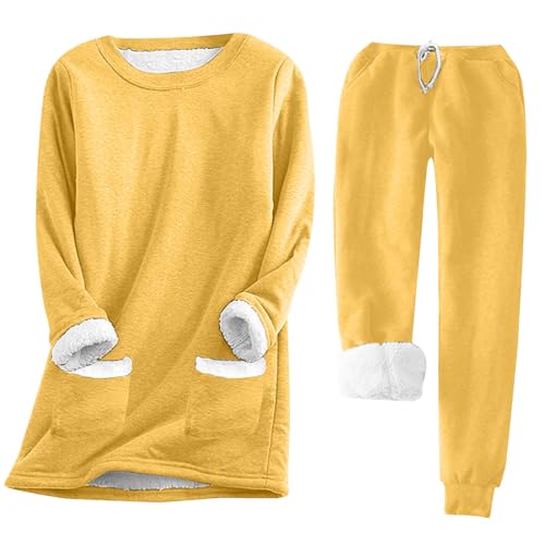 shownicer Schlafanzug Damen Winter Thermo Pyjama Lang Fleece Hausanzug Kuschelig Warm Pyjama Set Flauschig Freizeitanzug A Gelb M von shownicer