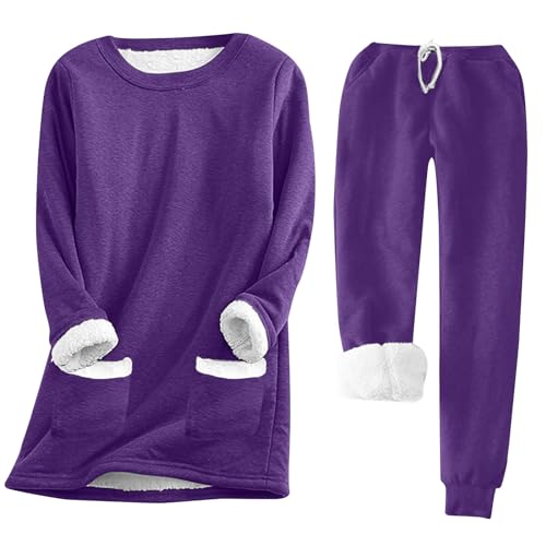 shownicer Schlafanzug Damen Winter Thermo Pyjama Lang Fleece Hausanzug Kuschelig Warm Pyjama Set Flauschig Freizeitanzug A Violett M von shownicer