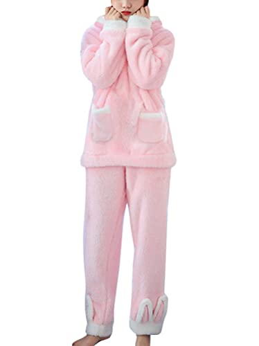 shownicer Schlafanzug Für Damen 2-Set Pyjama Mit Kapuze Oberteile Und Hosen Polar Fleece Hausanzug Warmes Süße Flanell Nachtwasche Für Frauen Winter Sleepwear Zweiteiliger C Rosa S von shownicer