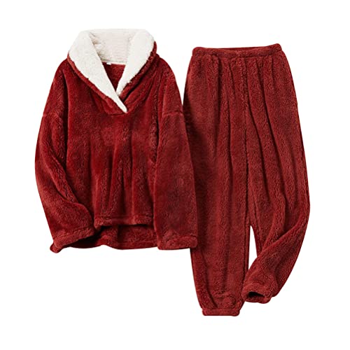 shownicer Schlafanzug Für Damen 2-Set Pyjama Mit Lange Oberteile Und Hosen Plüsch Polar Fleece Hausanzug Kuschelige Warmes Flanell Nachtwasche Winter Sleepwear Zweiteiliger A Rot XL von shownicer