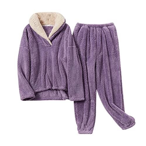 shownicer Schlafanzug Für Damen 2-Set Pyjama Mit Lange Oberteile Und Hosen Plüsch Polar Fleece Hausanzug Kuschelige Warmes Flanell Nachtwasche Winter Sleepwear Zweiteiliger A Violett S von shownicer