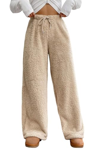 shownicer Schlafanzughose Damen Fleecehose Flauschige Plüschhose Pyjamahose Winter Warme Freizeithose Mit Kordelzug Haushose Jogginghose Sporthose A Aprikose M von shownicer