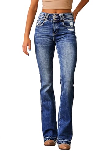 shownicer Schlaghose Damen Jeans High Waist Jeanshosen Vintage Stretch Jeans Hosen Bootcut Jean Vintage Casual Schlaghose Damenhose Freizeithose B Dunkelblau M von shownicer