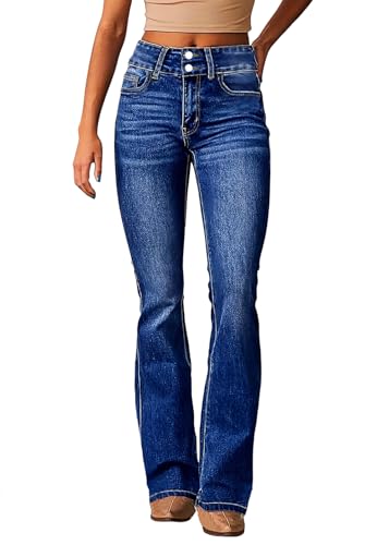 shownicer Schlaghose Damen Jeans High Waist Jeanshosen Vintage Stretch Jeans Hosen Bootcut Jeans Vintage Casual Schlaghose Damenhose Freizeithose A Dunkelblau L von shownicer