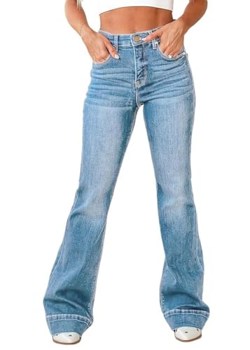 shownicer Schlaghose Damen Stretch High Waist Bootcut Denim Jeanshose Retro Boyfriend Flared Jeans Streetwear A Hellblau XL von shownicer