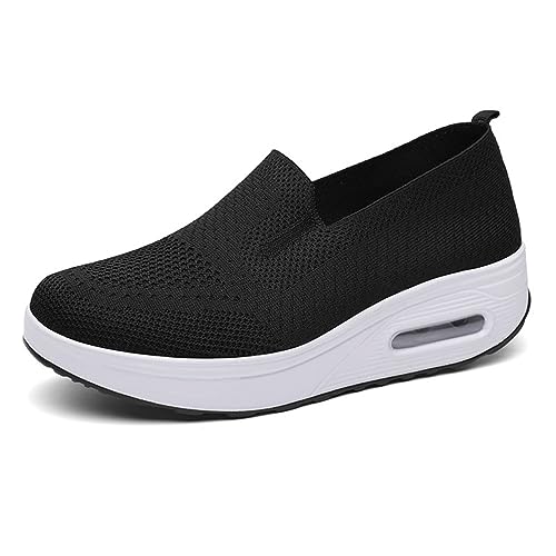 shownicer Slip On Sneakers Damen Mesh Plateau Sportliche Walkingschuhe Bequemen Atmungsaktiv Leichtgewichts Turnschuhe Freizeitschuhe Stretch Fly Woven A Schwarz 38 EU von shownicer