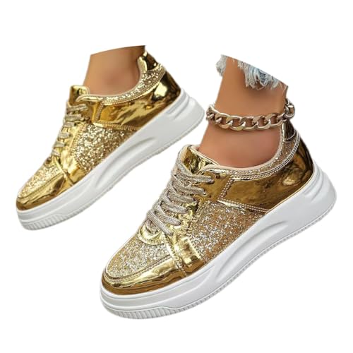 shownicer Sneaker Damen Glitzer Schuhe mit Dicker Sohle Casual Schnürschuh Outdoor Leichtgewichts Atmungsaktiv Walkingschuhe Turnschuhe A Gold 39 von shownicer