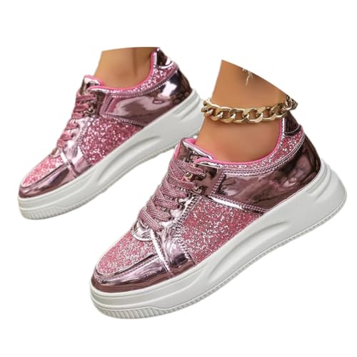 shownicer Sneaker Damen Glitzer Schuhe mit Dicker Sohle Casual Schnürschuh Outdoor Leichtgewichts Atmungsaktiv Walkingschuhe Turnschuhe A Rosa 39 von shownicer