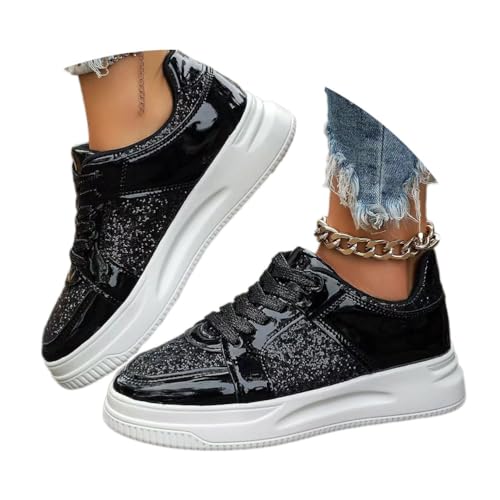 shownicer Sneaker Damen Glitzer Schuhe mit Dicker Sohle Casual Schnürschuh Outdoor Leichtgewichts Atmungsaktiv Walkingschuhe Turnschuhe A Schwarz 38 von shownicer