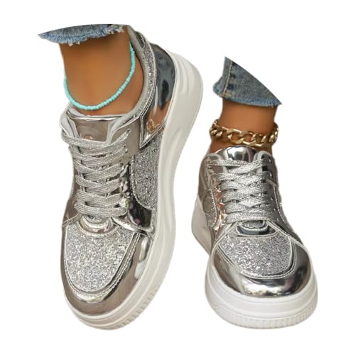 shownicer Sneaker Damen Glitzer Schuhe mit Dicker Sohle Casual Schnürschuh Outdoor Leichtgewichts Atmungsaktiv Walkingschuhe Turnschuhe A Silber 40 von shownicer