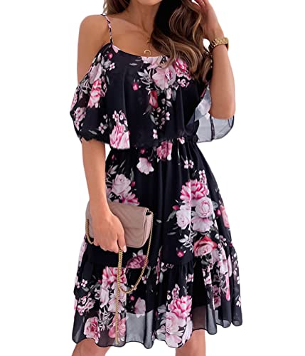 shownicer Sommerkleid Damen Ärmellos Chiffon Strandkleid Boho V-Ausschnitt Casual Blumen Minikleid A Schwarz M von shownicer