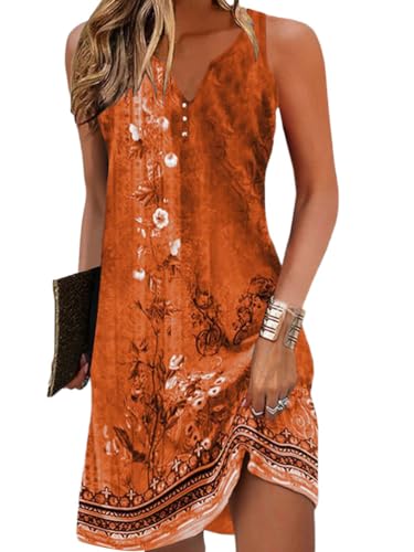 shownicer Sommerkleid Damen Ärmellos V-Ausschnitt Casual A-Linien Kurzes Kleid Sommer Blumendruck Minikleid Lose Tunika Freizeitkleid Strandkleid C Orange XS von shownicer