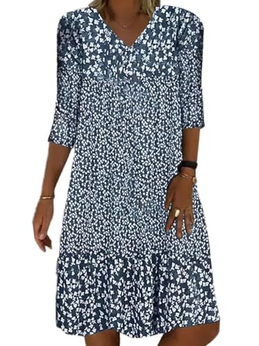 shownicer Sommerkleid Damen Blumendruck Knielang Kleid A-Linie Lässiges Lose Midikleid Freizeitkleid Strandkleid Ohne Zubehör A Blau XL von shownicer