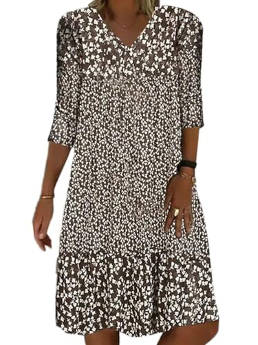 shownicer Sommerkleid Damen Blumendruck Knielang Kleid A-Linie Lässiges Lose Midikleid Freizeitkleid Strandkleid Ohne Zubehör A Braun L von shownicer
