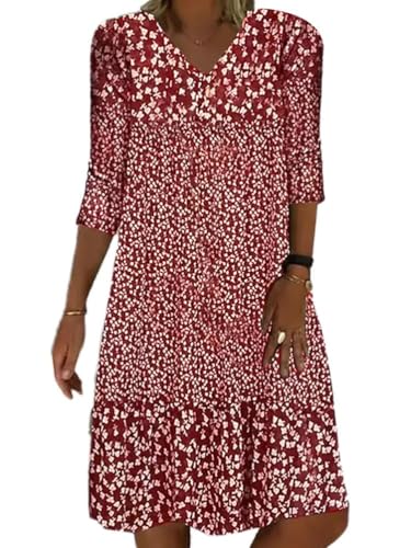 shownicer Sommerkleid Damen Blumendruck Knielang Kleid A-Linie Lässiges Lose Midikleid Freizeitkleid Strandkleid Ohne Zubehör A Rot M von shownicer