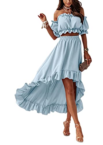 shownicer Sommerkleid Damen Boho Kleid Elegant Blumenmuster Lange Kleider 2-teiliges Set Kurzarm Schulterfrei Crop Top und Maxirock mit Seitenschlitz Maxikleider Strandkleider Blau S von shownicer