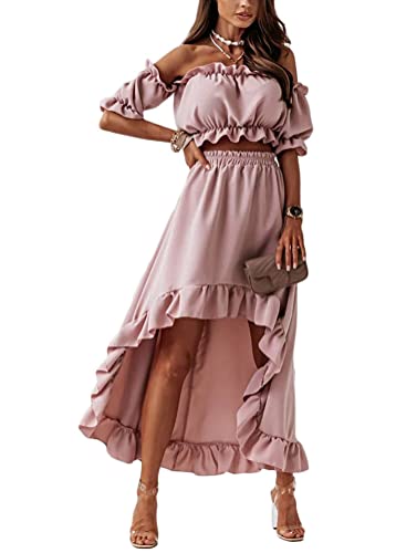 shownicer Sommerkleid Damen Boho Kleid Elegant Blumenmuster Lange Kleider 2-teiliges Set Kurzarm Schulterfrei Crop Top und Maxirock mit Seitenschlitz Maxikleider Strandkleider Rosa M von shownicer