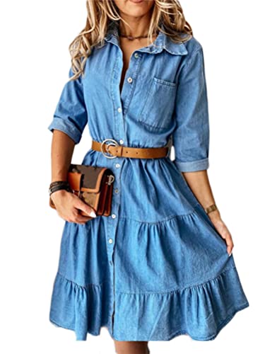 shownicer Sommerkleid Damen Jeanskleid Kurzarm V-Ausschnitt Freizeitkleid Vintage Elegant A-Linien Knielang Kleid Sommerkleid Ohne Zubehör A Blau L von shownicer