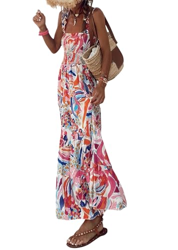 shownicer Sommerkleid Damen Kleider Freizeit Lose Sommerkleid Lang Boho Maxikleid Rundhals Strandkleid Blumenkleid A Rose Rot XXL von shownicer
