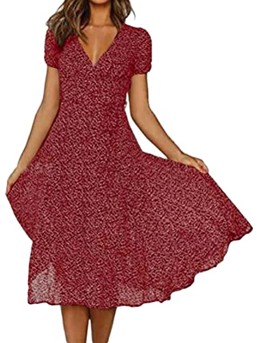 shownicer Sommerkleid Damen Kurzarm Blumenkleid Lässig V-Ausschnitt Midikleid Sommer Blumen Kleid A-Linie High Waist Swing Kleid Freizeitkleid Strandkleider A Weinrot L von shownicer