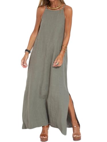 shownicer Sommerkleid Damen Lang Ärmelloses Maxikleid Sommer Baumwoll-Leinen Spaghetti-Träge Kleid Leicht Casual Schlitz Lange Freizeitkleid A Grün L von shownicer