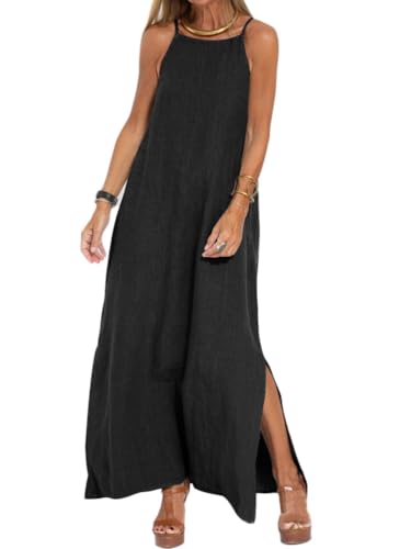 shownicer Sommerkleid Damen Lang Ärmelloses Maxikleid Sommer Baumwoll-Leinen Spaghetti-Träge Kleid Leicht Casual Schlitz Lange Freizeitkleid A Schwarz M von shownicer