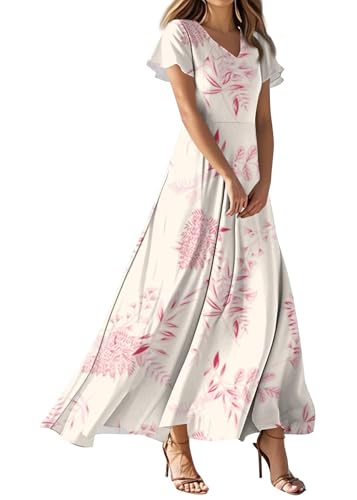 shownicer Sommerkleid Damen Lang Kleid Elegant Blumenkleid Chiffon Rüschen Blumen Kurzarm V-Ausschnitt Hohe Taille Maxikleid Partykleid Strandkleid Cocktailkleid A Weiß03 S von shownicer