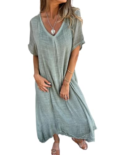 shownicer Sommerkleid Damen Leinen Kleider Casual V-Ausschnitt Boho Maxikleid Kurzarm A-Linie Kleid Strandkleid Vintage Einfarbig Große Größen Langes Kleid Freizeitkleid A Grün L von shownicer