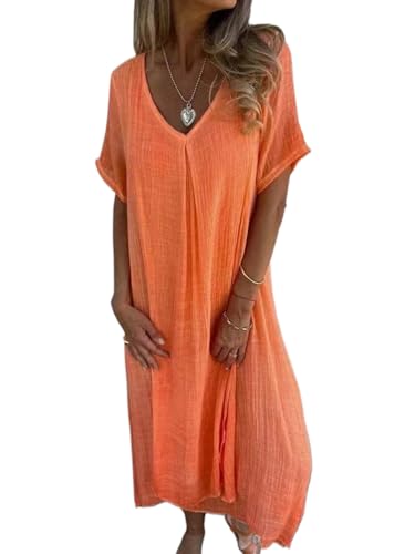 shownicer Sommerkleid Damen Leinen Kleider Casual V-Ausschnitt Boho Maxikleid Kurzarm A-Linie Kleid Strandkleid Vintage Einfarbig Große Größen Langes Kleid Freizeitkleid A Orange 3XL von shownicer