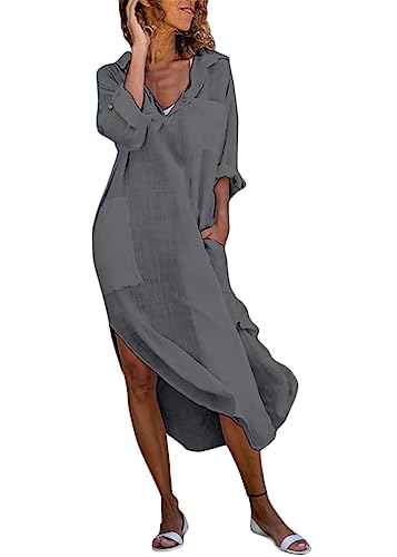 shownicer Sommerkleid Damen Leinenkleid V-Ausschnitt Langarm Midikleid Boho Langes Kleid Strandkleid Einfarbig Freizeitkleid mit Taschen Blusekleid A Dunkelgrau M von shownicer