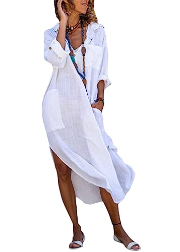 shownicer Sommerkleid Damen Leinenkleid V-Ausschnitt Langarm Midikleid Boho Langes Kleid Strandkleid Einfarbig Freizeitkleid mit Taschen Blusekleid A Weiß L von shownicer