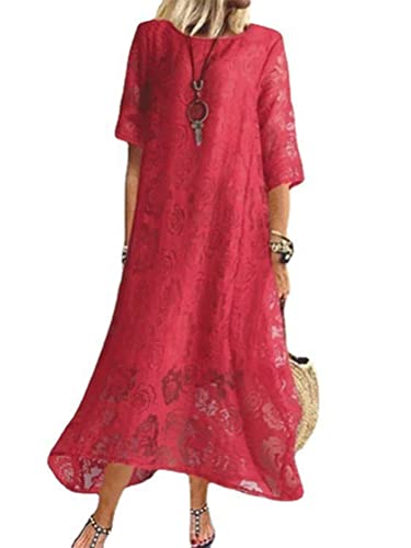 shownicer Sommerkleid Damen Maxikleid Sommer Casual V-Ausschnitt Kurzarm Freizeitkleid Strandkleider Boho Langes Kleid Blumenmuster Maxi Kleid E Rot XL von shownicer