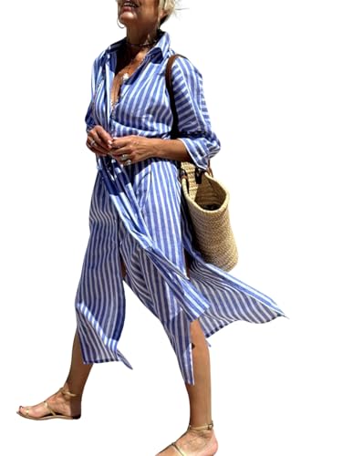 shownicer Sommerkleid Damen Sommer Boho Kleid Lang Casual V-Ausschnitt Blumendruck Kleider 3/4 Ärmel Blusenkleid Midikleid Mit Schlitz A Blau S von shownicer