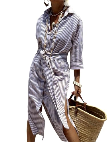 shownicer Sommerkleid Damen Sommer Boho Kleid Lang Casual V-Ausschnitt Blumendruck Kleider 3/4 Ärmel Blusenkleid Midikleid Mit Schlitz A Braun L von shownicer