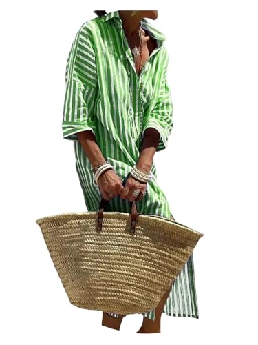 shownicer Sommerkleid Damen Sommer Boho Kleid Lang Casual V-Ausschnitt Blumendruck Kleider 3/4 Ärmel Blusenkleid Midikleid Mit Schlitz A Grün L von shownicer