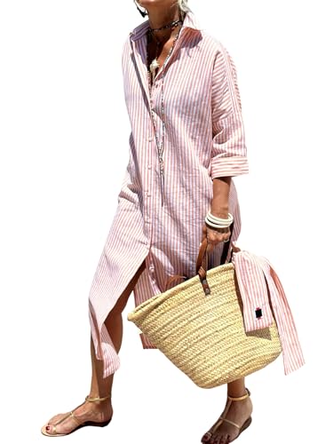 shownicer Sommerkleid Damen Sommer Boho Kleid Lang Casual V-Ausschnitt Blumendruck Kleider 3/4 Ärmel Blusenkleid Midikleid Mit Schlitz A Rosa M von shownicer