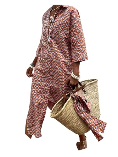 shownicer Sommerkleid Damen Sommer Boho Kleid Lang Casual V-Ausschnitt Blumendruck Kleider 3/4 Ärmel Blusenkleid Midikleid Mit Schlitz A Rot L von shownicer