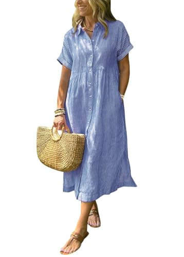 shownicer Sommerkleid Damen Sommer Boho Kleid Lang Casual V-Ausschnitt Blumendruck Kleider 3/4 Ärmel Blusenkleid Midikleid Mit Schlitz B Blau 3XL von shownicer
