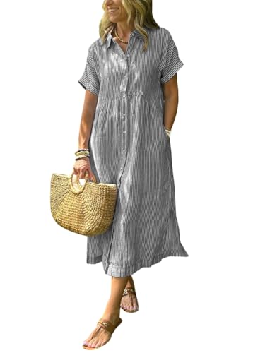 shownicer Sommerkleid Damen Sommer Boho Kleid Lang Casual V-Ausschnitt Blumendruck Kleider 3/4 Ärmel Blusenkleid Midikleid Mit Schlitz B Grau L von shownicer