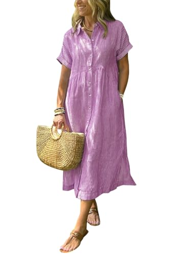shownicer Sommerkleid Damen Sommer Boho Kleid Lang Casual V-Ausschnitt Blumendruck Kleider 3/4 Ärmel Blusenkleid Midikleid Mit Schlitz B Rosa M von shownicer