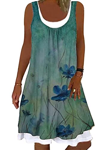 shownicer Sommerkleid Damen Sommer Freizeit Blumenmuster Boho V-Ausschnitt Strand Midi Kleid Casual Ärmellos A-Linie Strandkleider Lose Knielang Kleid C Grün XXL von shownicer
