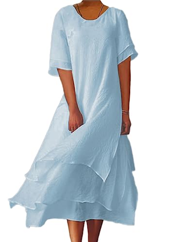 shownicer Sommerkleid Damen Split Maxikleid Lässige Lose Rundhalsausschnitt Kurzarm Langes Kleid Einfarbig Freizeitkleid Strandkleider A Blau XL von shownicer