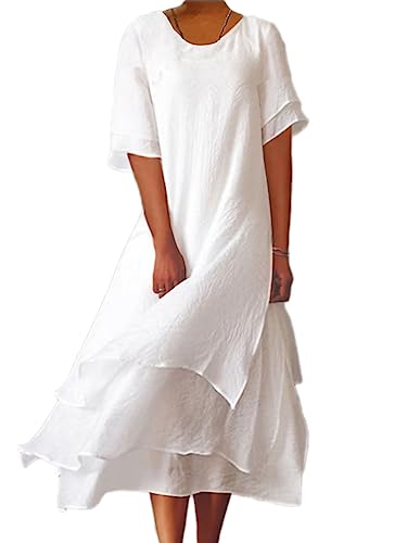 shownicer Sommerkleid Damen Split Maxikleid Lässige Lose Rundhalsausschnitt Kurzarm Langes Kleid Einfarbig Freizeitkleid Strandkleider A Weiß XL von shownicer