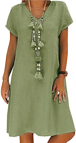 shownicer Sommerkleid Leinen Kleider Damen Casual V-Ausschnitt Midi Kleid Strandkleider A-Linie Kleid Boho Knielang Kleid Grün L von shownicer