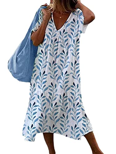 shownicer Sommerkleider Damen Kurzarm Lässig V-Ausschnitt Baumwoll Leinen Kleid Lässige Lose Knielang Blumenmuster Midi Kleid Freizeitkleid Strandkleider A Blau L von shownicer