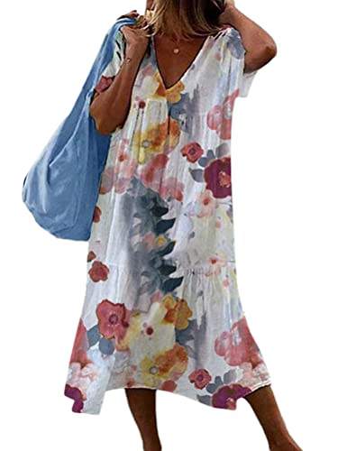 shownicer Sommerkleider Damen Kurzarm Lässig V-Ausschnitt Baumwoll Leinen Kleid Lässige Lose Knielang Blumenmuster Midi Kleid Freizeitkleid Strandkleider A Rot L von shownicer