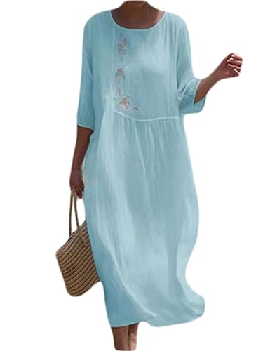 shownicer Sommerkleider Damen Kurzarm Lässig V-Ausschnitt Baumwoll Leinen Kleid Lässige Lose Knielang Blumenmuster Midi Kleid Freizeitkleid Strandkleider C Blau M von shownicer