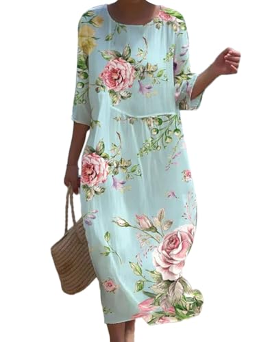shownicer Sommerkleider Damen Kurzarm Lässig V-Ausschnitt Baumwoll Leinen Kleid Lässige Lose Knielang Blumenmuster Midi Kleid Freizeitkleid Strandkleider D Blau M von shownicer