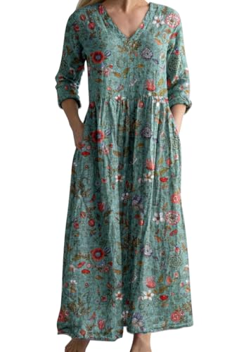 shownicer Sommerkleider Damen Lang Boho Kleid 3/4 Ärmel Freizeitkleid Sommer V Ausschnitt Maxikleider Blumendruck Strandkleid A Grün1 3XL von shownicer