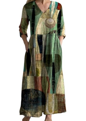 shownicer Sommerkleider Damen Lang Boho Kleid 3/4 Ärmel Freizeitkleid Sommer V Ausschnitt Maxikleider Blumendruck Strandkleid A Grün2 3XL von shownicer